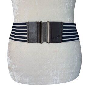 Hollister women's blue and white striped elastic belt with metal buckle